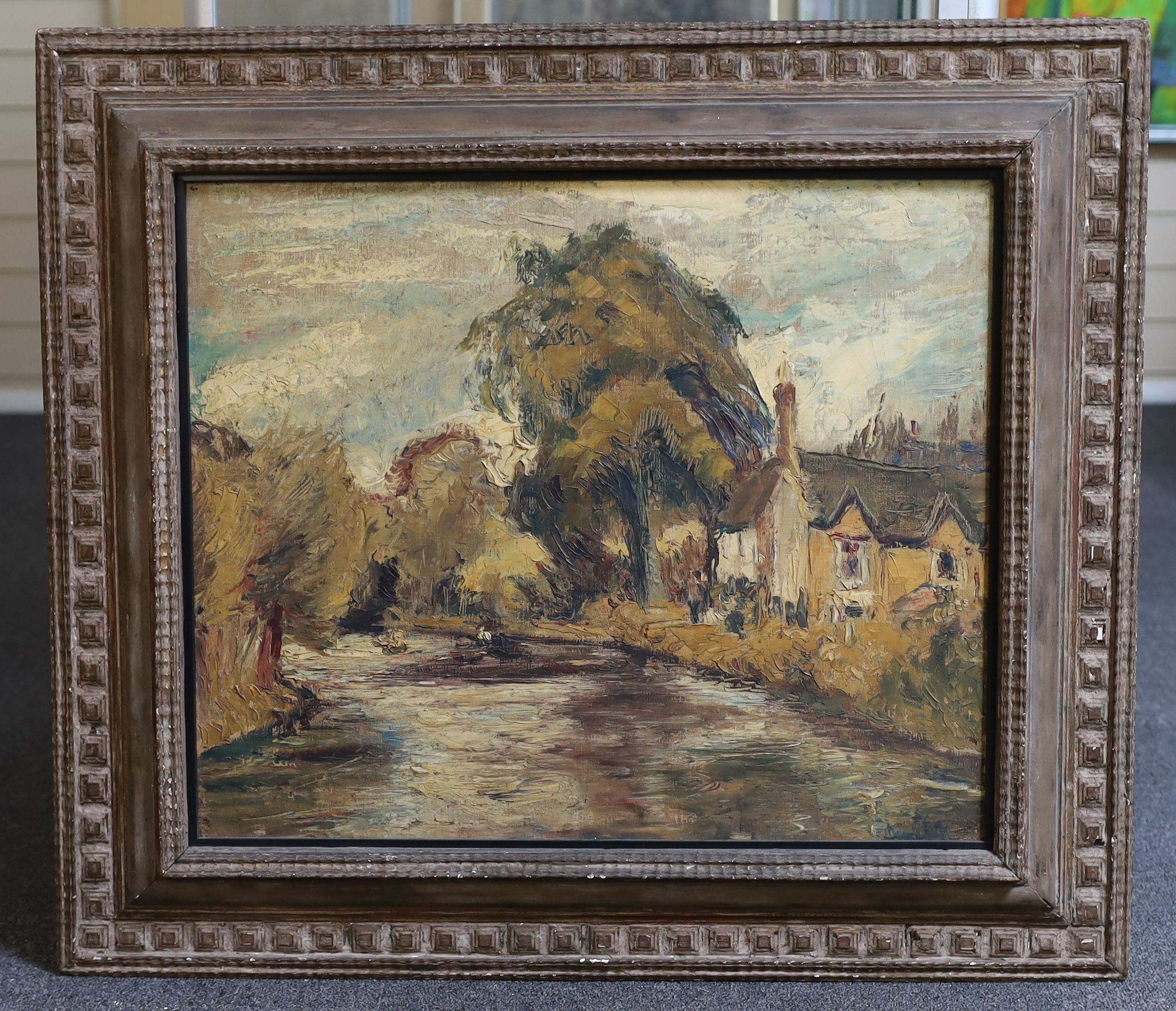 Ronald Ossory Dunlop (1894-1973), River landscape with house and trees, oil on canvas board, 49 x 59cm